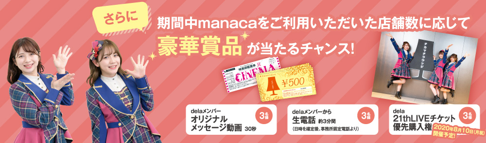 チカマチラウンジ各店舗をご利用の方に抽選でお買い物券やdela LIVEチケットなどが当たります！